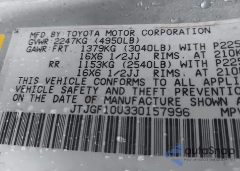 2003 Lexus Rx 300 from USA, damaged, VIN JTJGF10U330157996